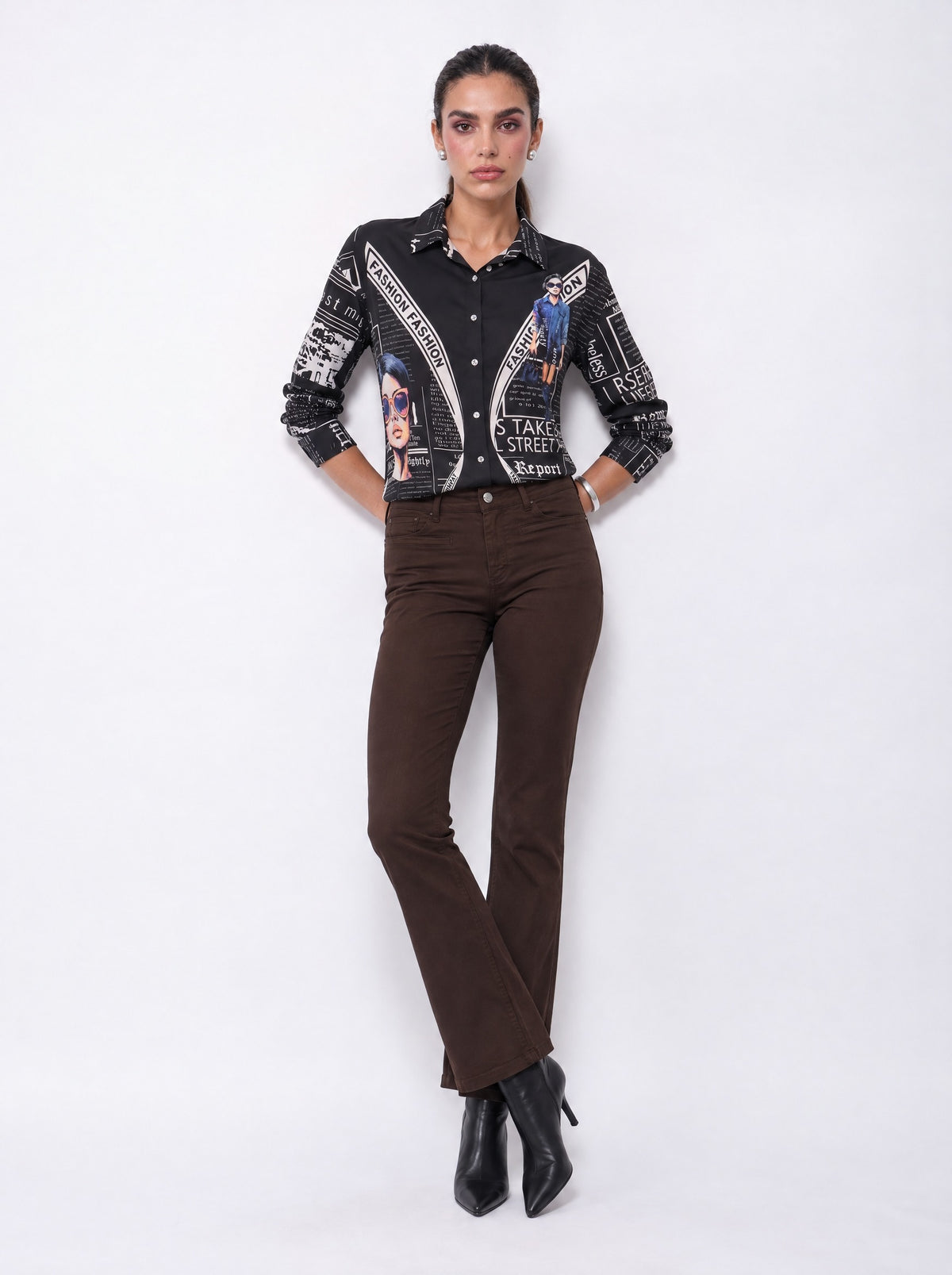 NEWSPAPER PRINT HIGH-LOW POPLIN SHIRT