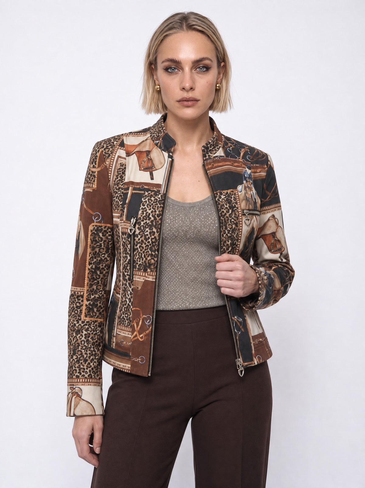 EQUESTRIAN PRINT STAND-COLLAR ZIP JACKET