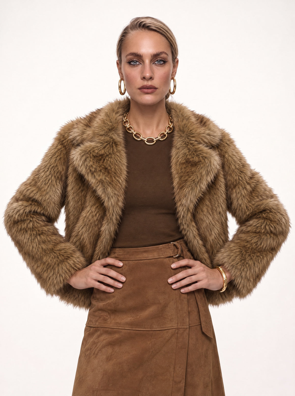 NOTCH COLLAR FAUX FUR CROPPED JACKET