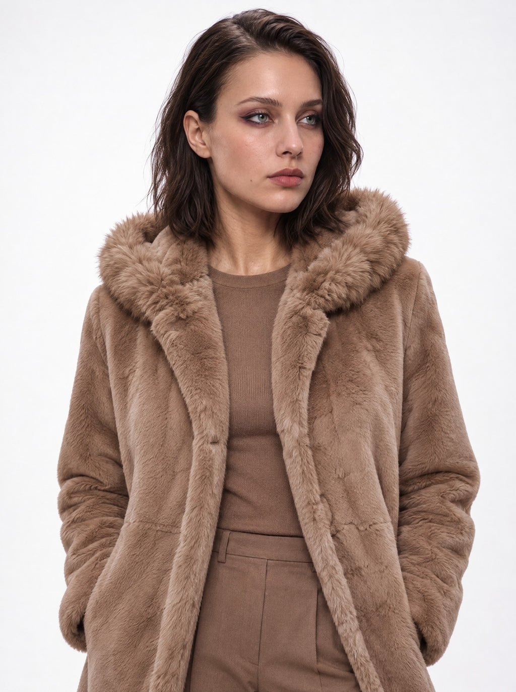 HOODED FAUX FUR MIDI COAT