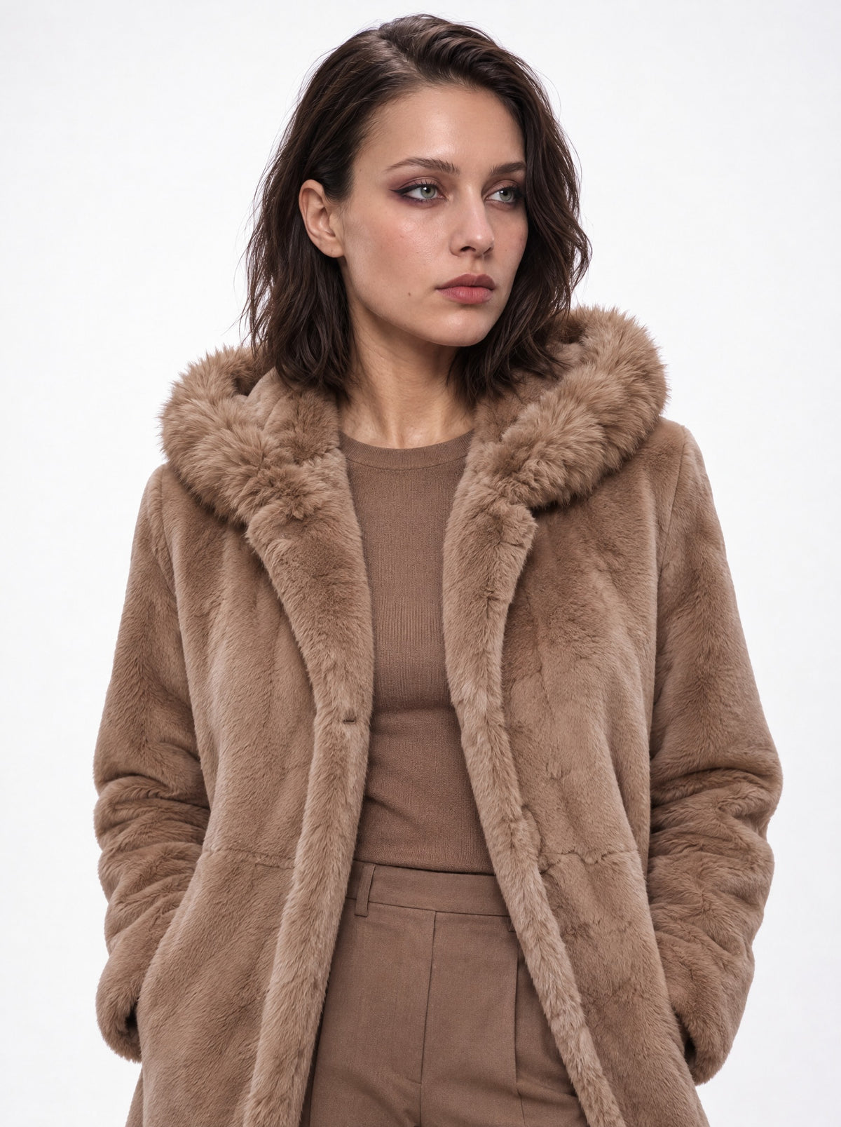 HOODED FAUX FUR MIDI COAT