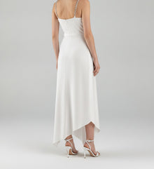 ASYMMETRIC SATIN SLIP DRESS WITH CRYSTAL STRAPS