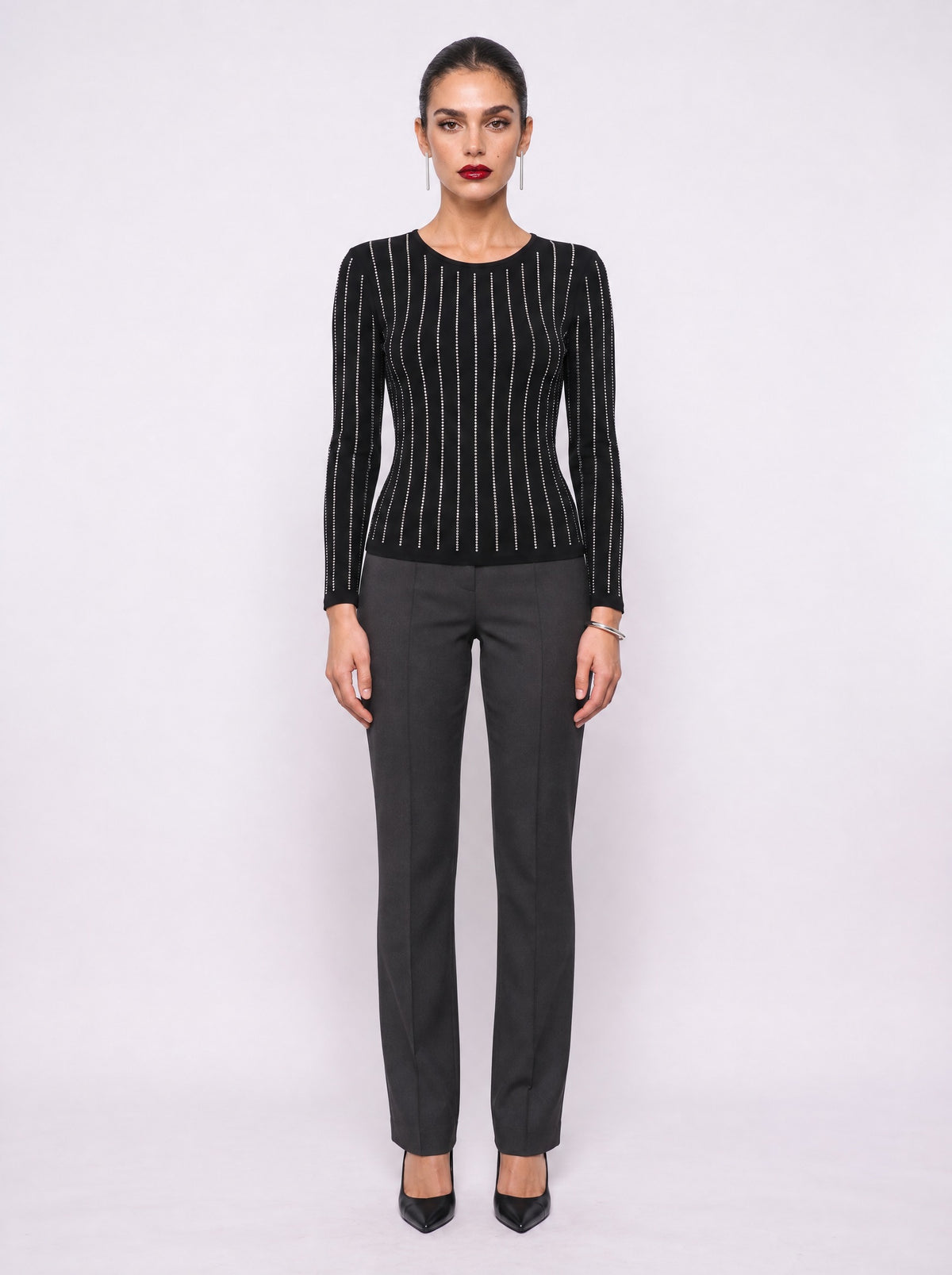 CRYSTAL PINSTRIPE SCOOP-NECK TOP