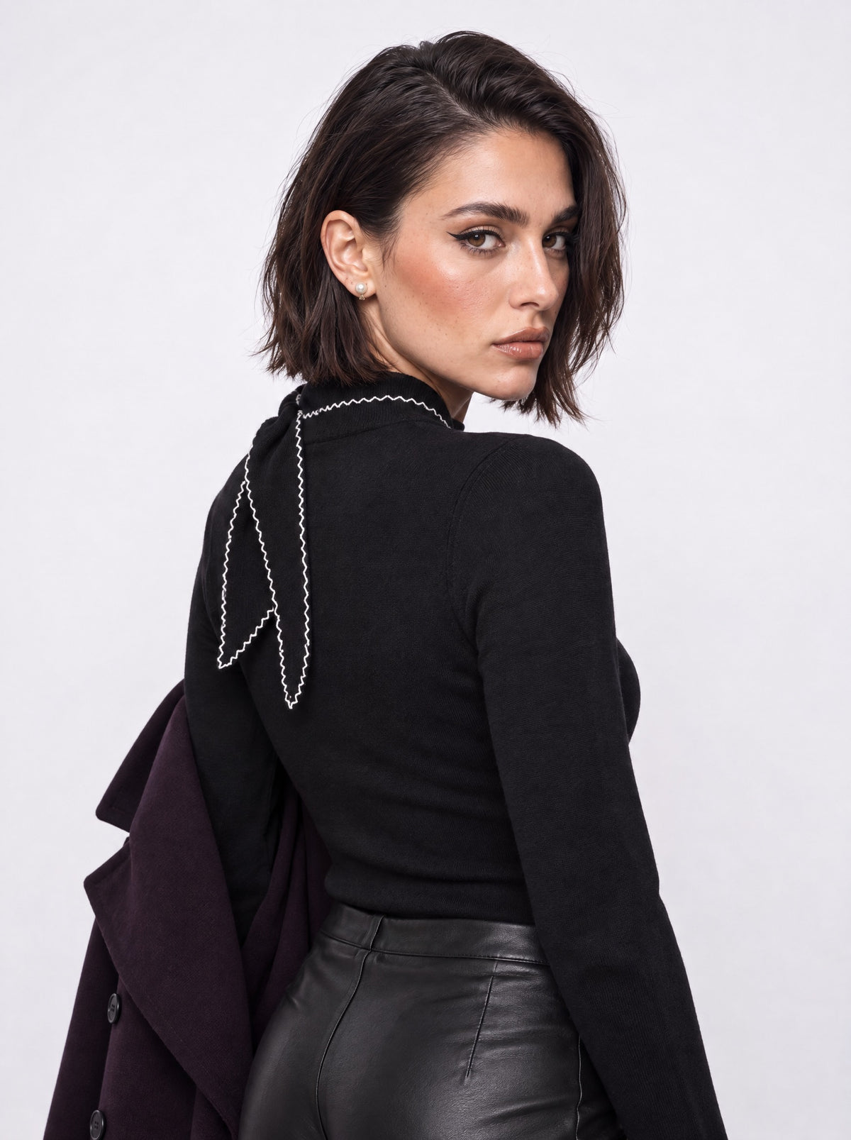 LONG SLEEVE TIE-NECK SWEATER