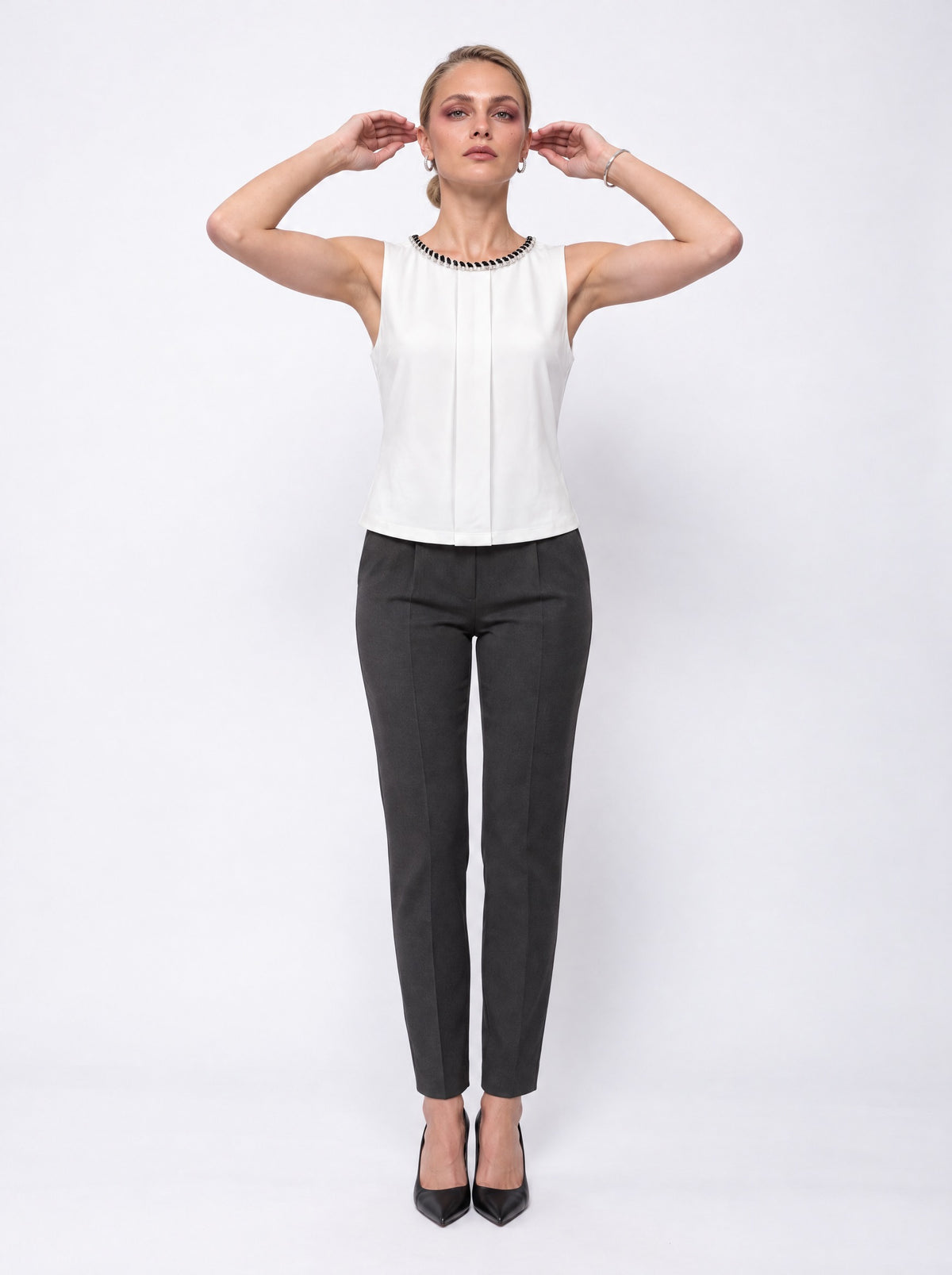 JEWELLED NECKLINE SLEEVELESS CREPE BLOUSE