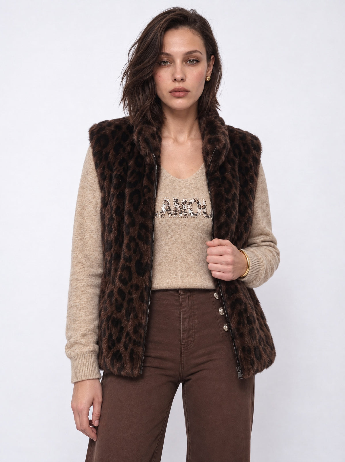 LEOPARD PRINT STAND-COLLAR FAUX FUR GILET