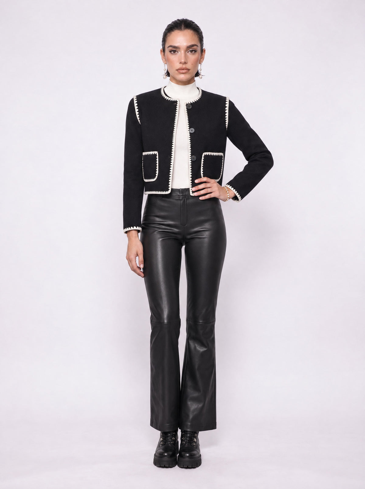 PEARL-TRIMMED MOCK NECK SWEATER