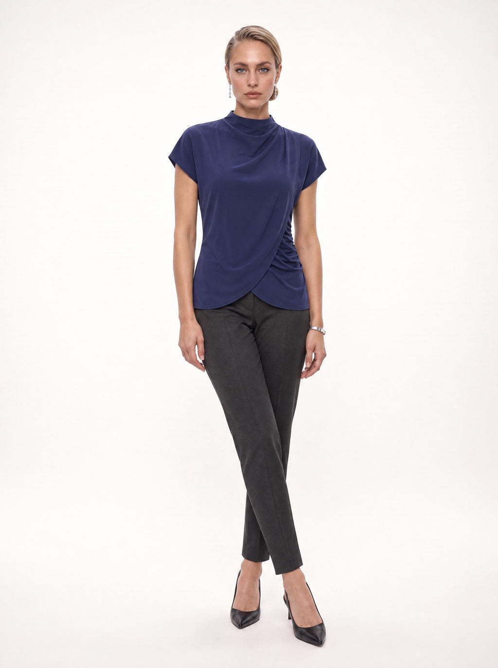 RUCHED WRAP-FRONT FUNNEL NECK BLOUSE