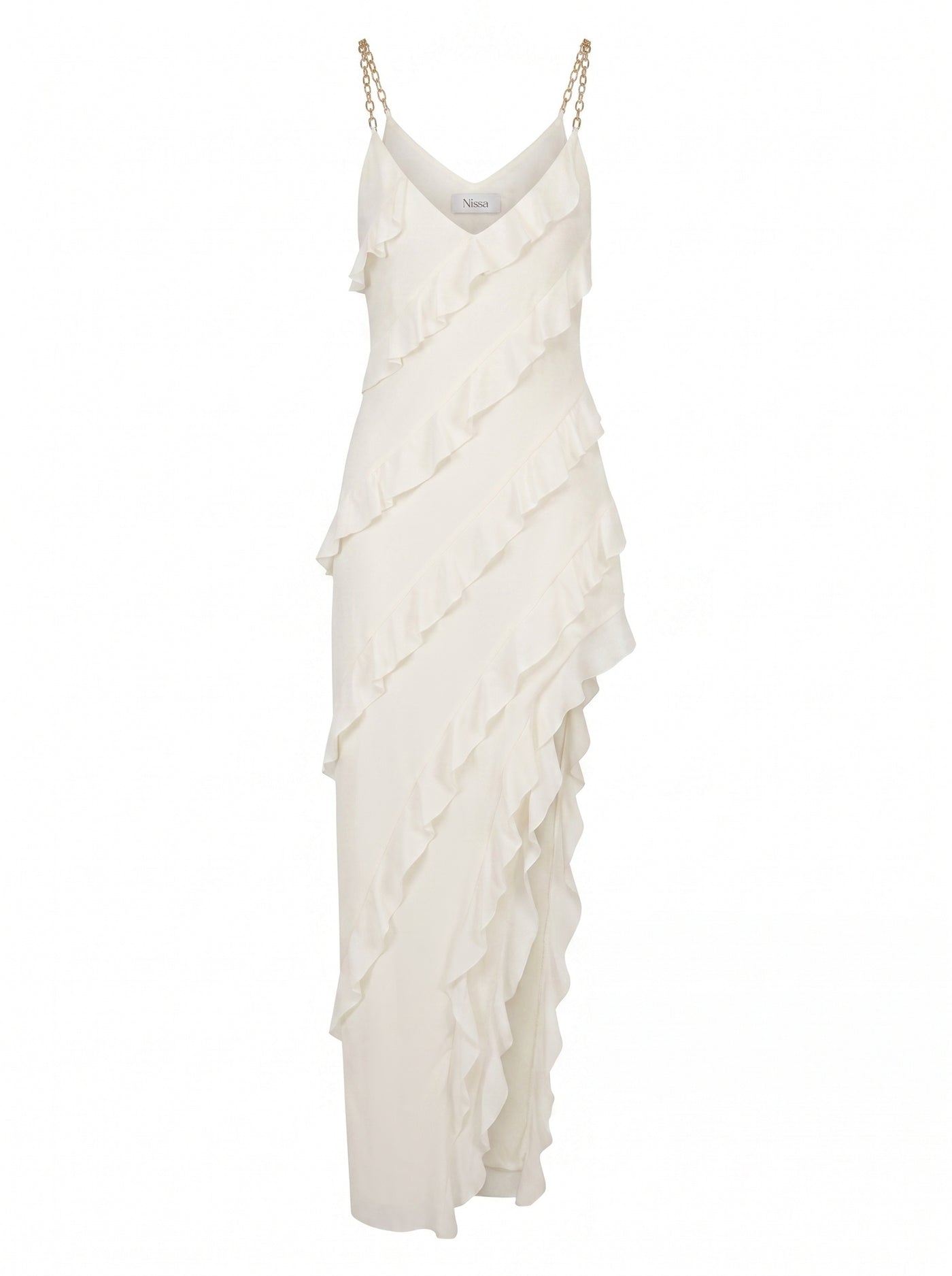 ASYMMETRICAL RUFFLE CHAIN-STRAP DRESS