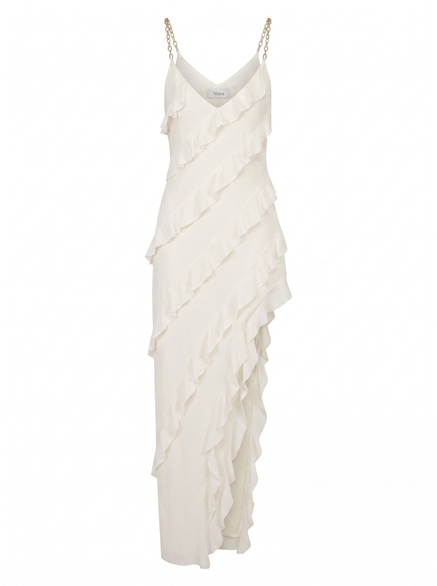 ASYMMETRICAL RUFFLE CHAIN-STRAP DRESS
