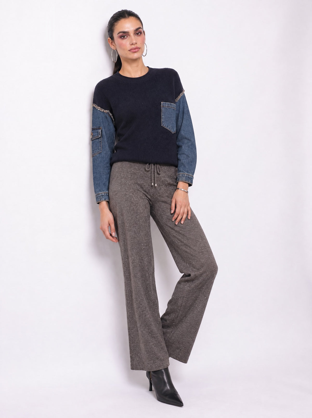 DENIM SLEEVE RIBBED KNIT SWEATER