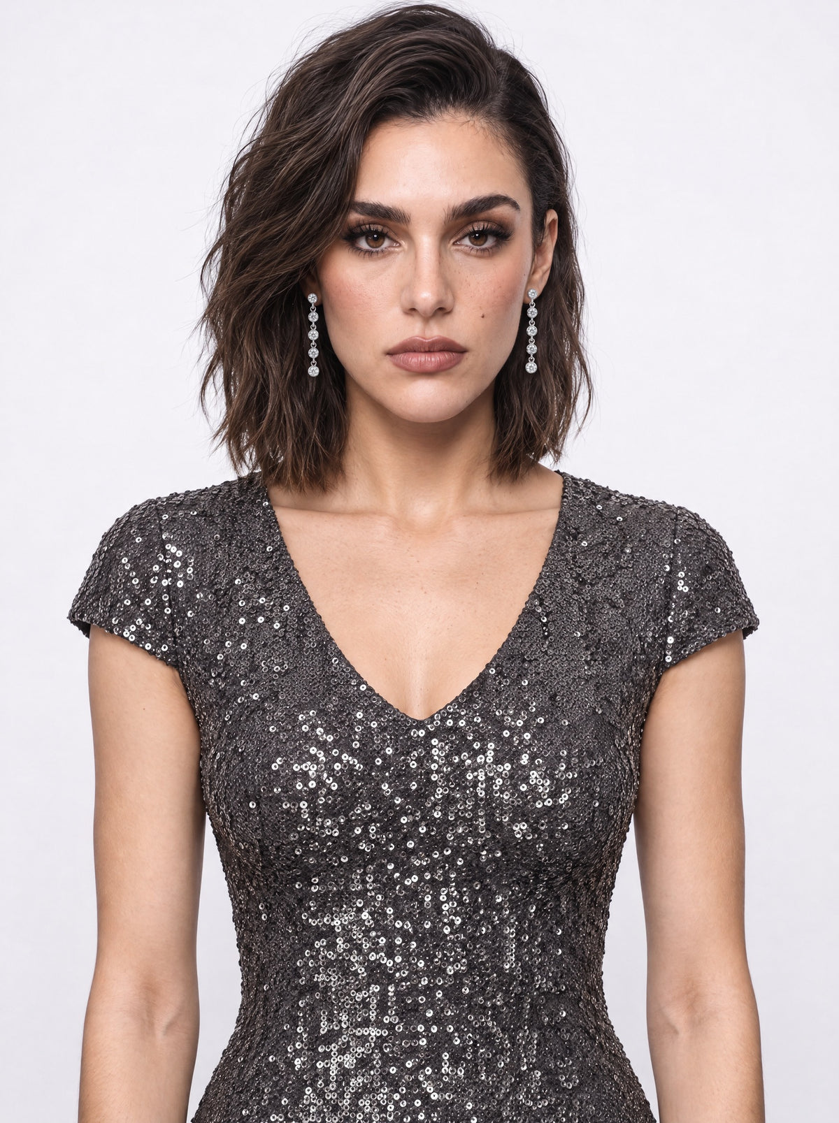 SEQUIN V-NECK CAP-SLEEVE MIDI DRESS