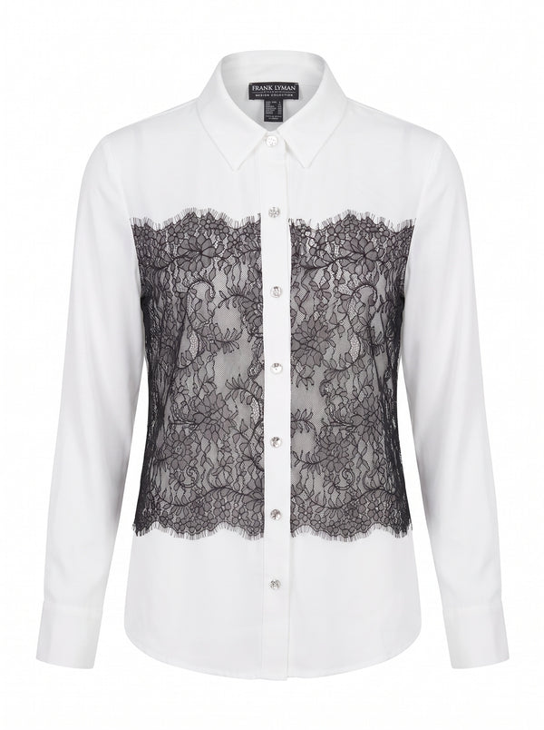 LACE PANEL CRYSTAL BUTTON SHIRT