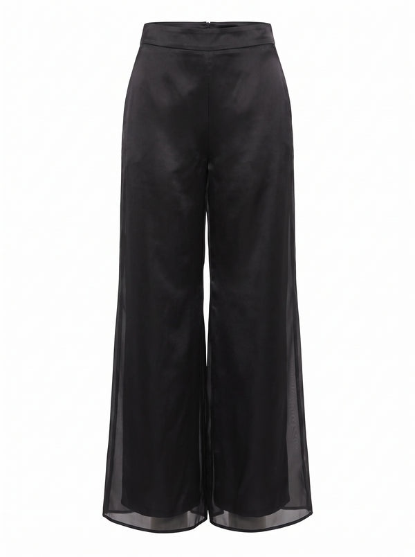SHEER OVERLAY WIDE-LEG SATIN TROUSERS