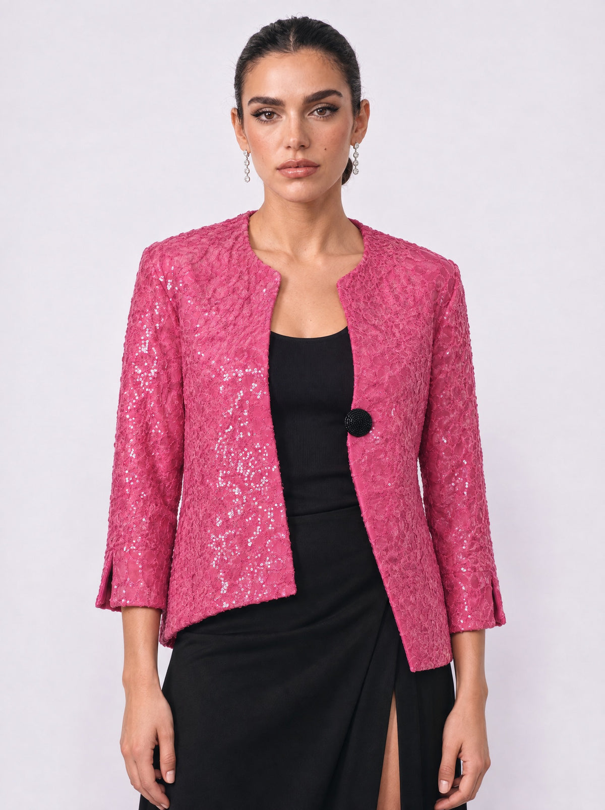 SEQUINNED COLLARLESS ONE-BUTTON JACKET
