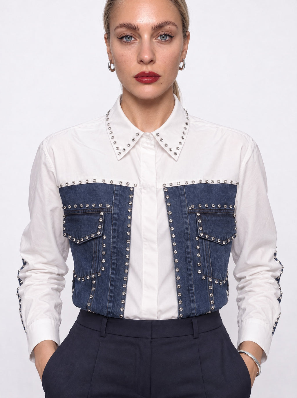 CRYSTAL-STUDDED DENIM PANEL SHIRT