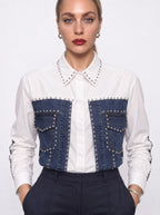 CRYSTAL-STUDDED DENIM PANEL SHIRT