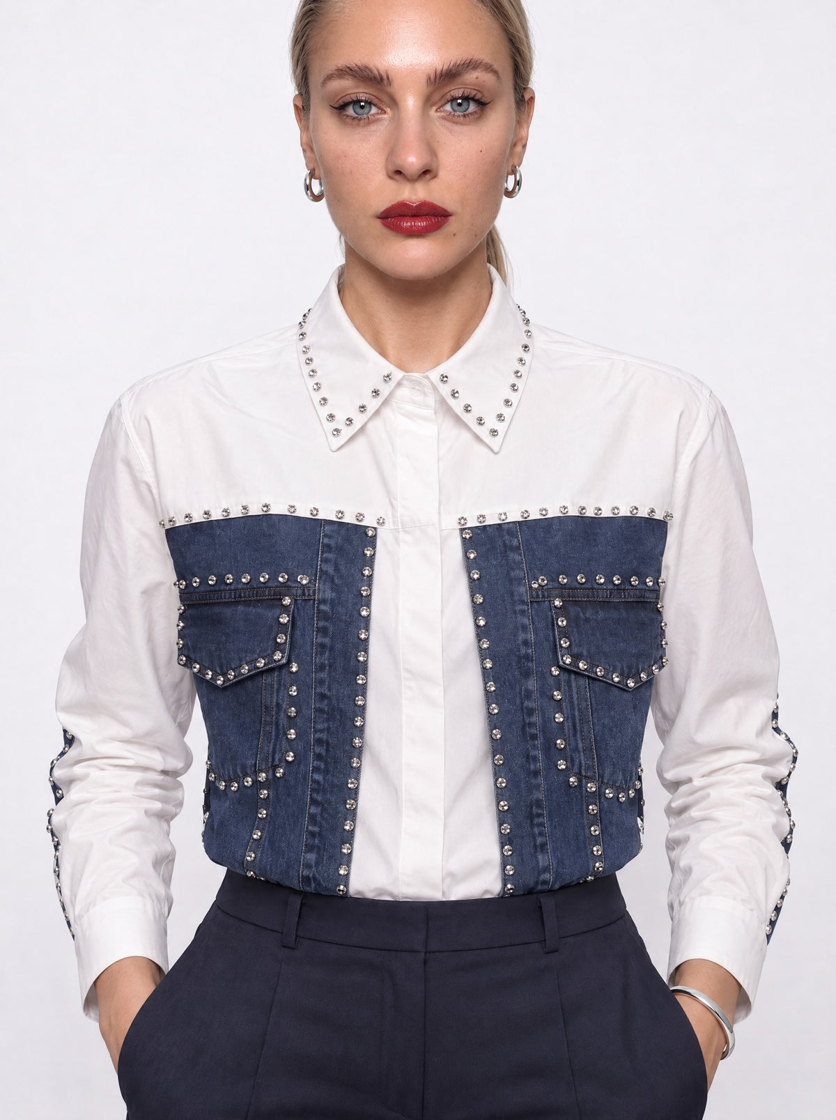 CRYSTAL-STUDDED DENIM PANEL SHIRT