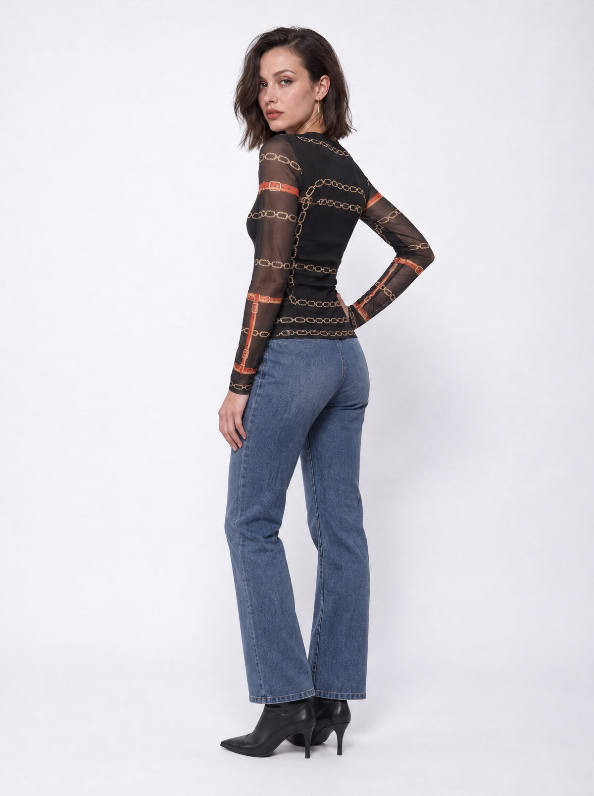 CHAIN PRINT SHEER MESH KNIT TOP