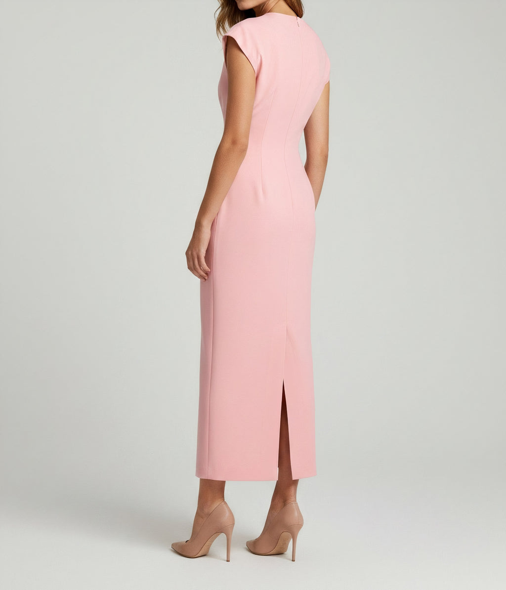 TOPSTITCH DETAIL V-NECK MIDI DRESS