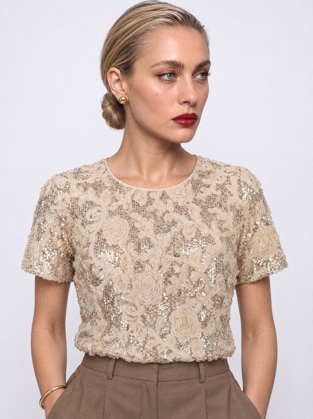 ROSE SEQUIN SCOOP-NECK TOP
