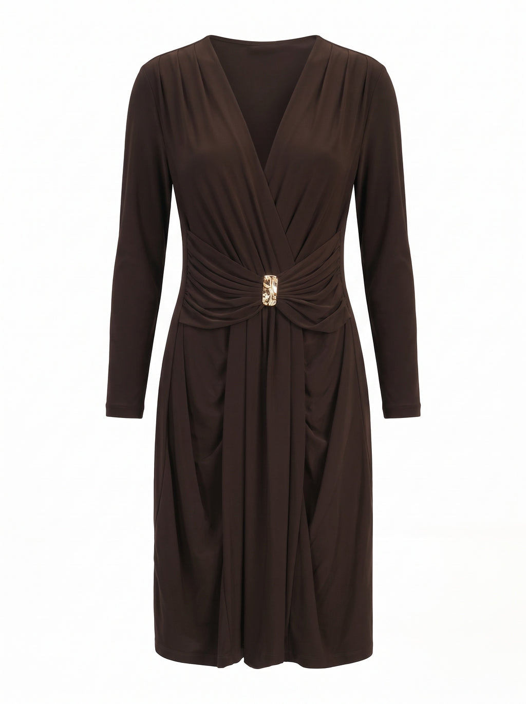 FAUX WRAP BUCKLE-WAIST MIDI DRESS