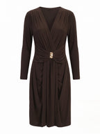 FAUX WRAP BUCKLE-WAIST MIDI DRESS