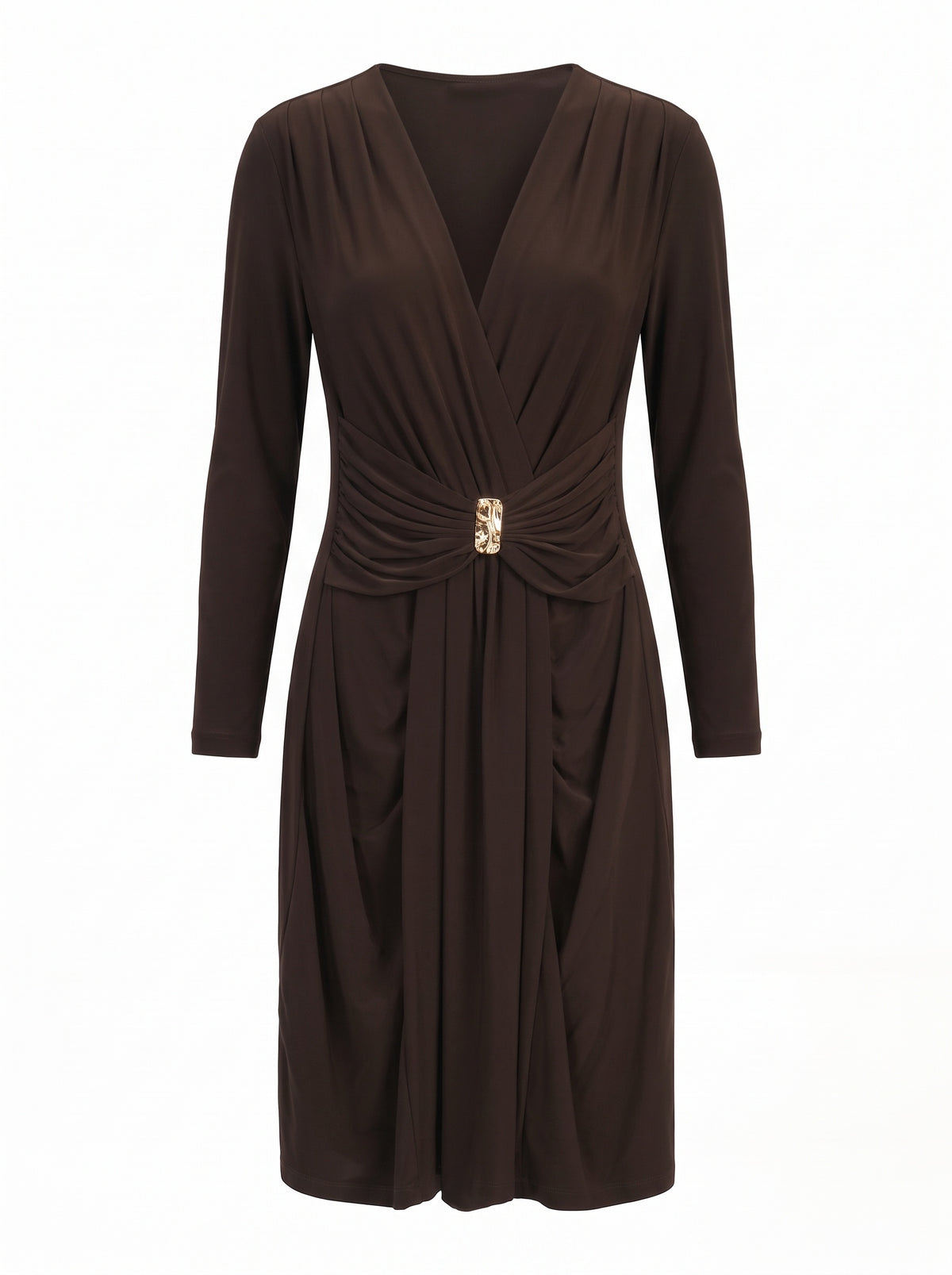 FAUX WRAP BUCKLE-WAIST MIDI DRESS