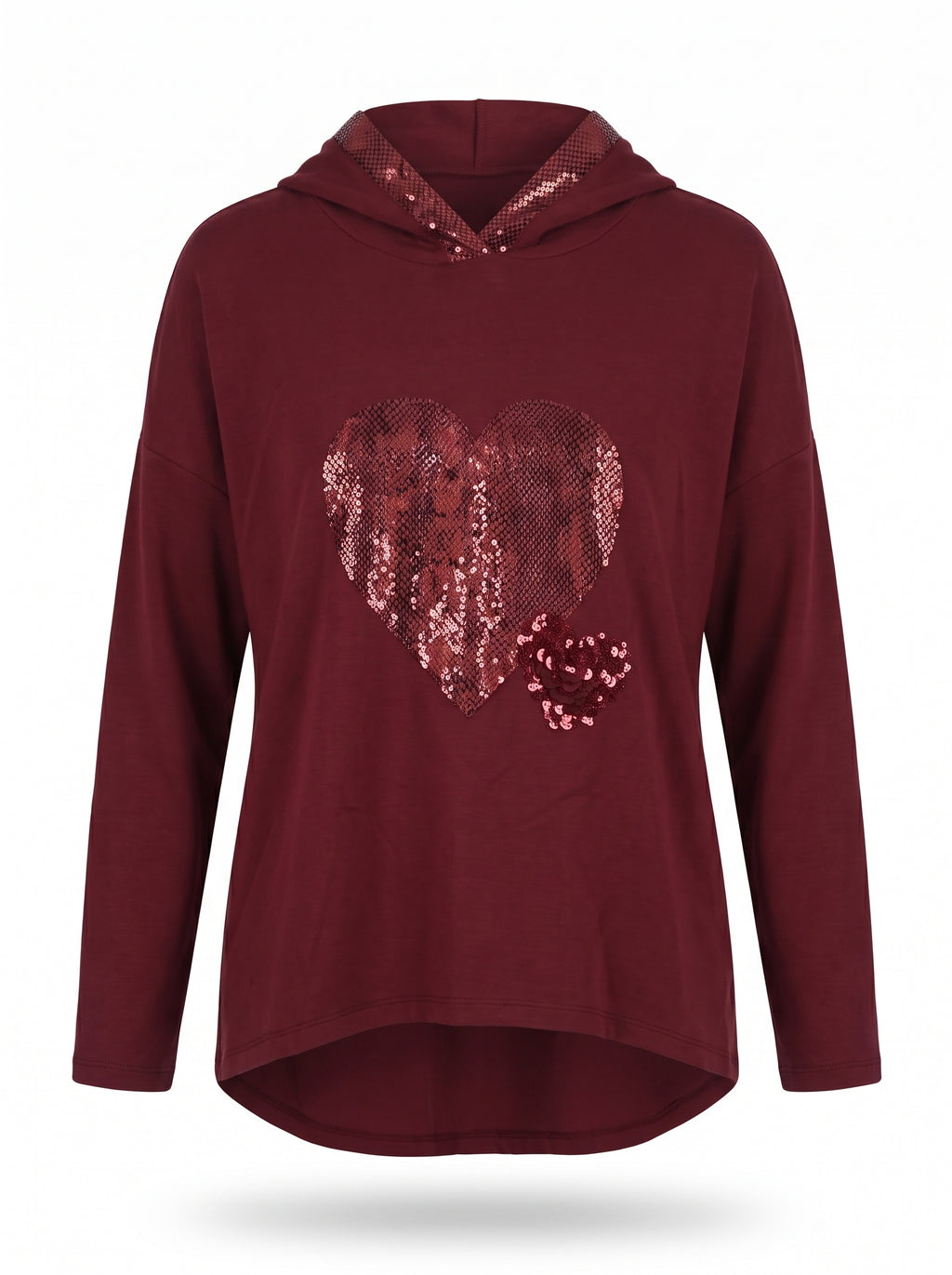 SEQUIN HEART HOODED JERSEY TOP