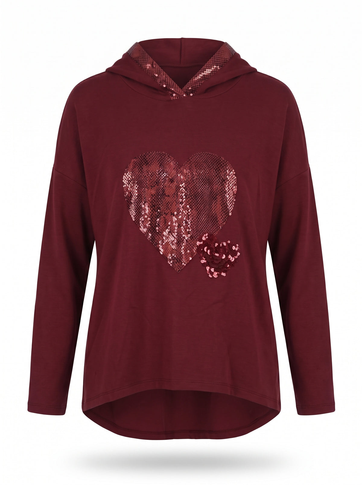 SEQUIN HEART HOODED JERSEY TOP