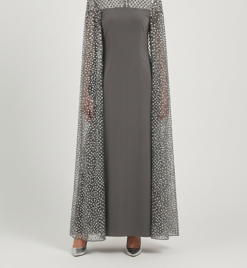 EMBELLISHED CAPE COLUMN GOWN