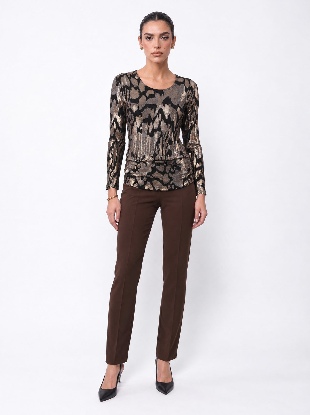 METALLIC FOIL SCOOP-NECK GATHERED TOP