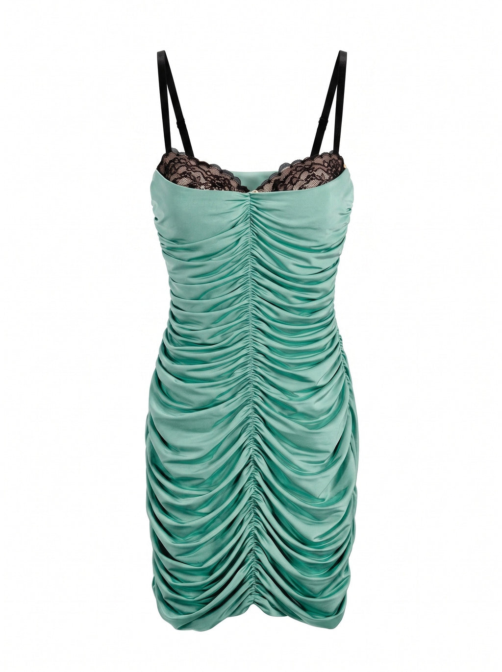 RUCHED SATIN LACE-TRIM MINI DRESS