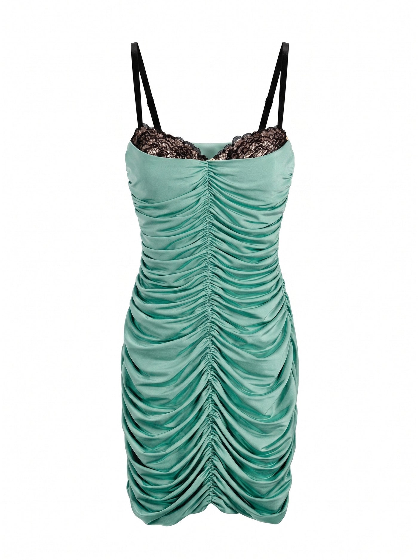 RUCHED SATIN LACE-TRIM MINI DRESS