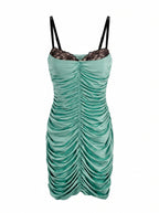 RUCHED SATIN LACE-TRIM MINI DRESS
