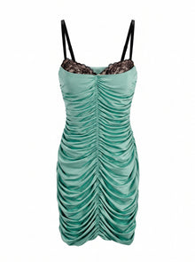 RUCHED SATIN LACE-TRIM MINI DRESS