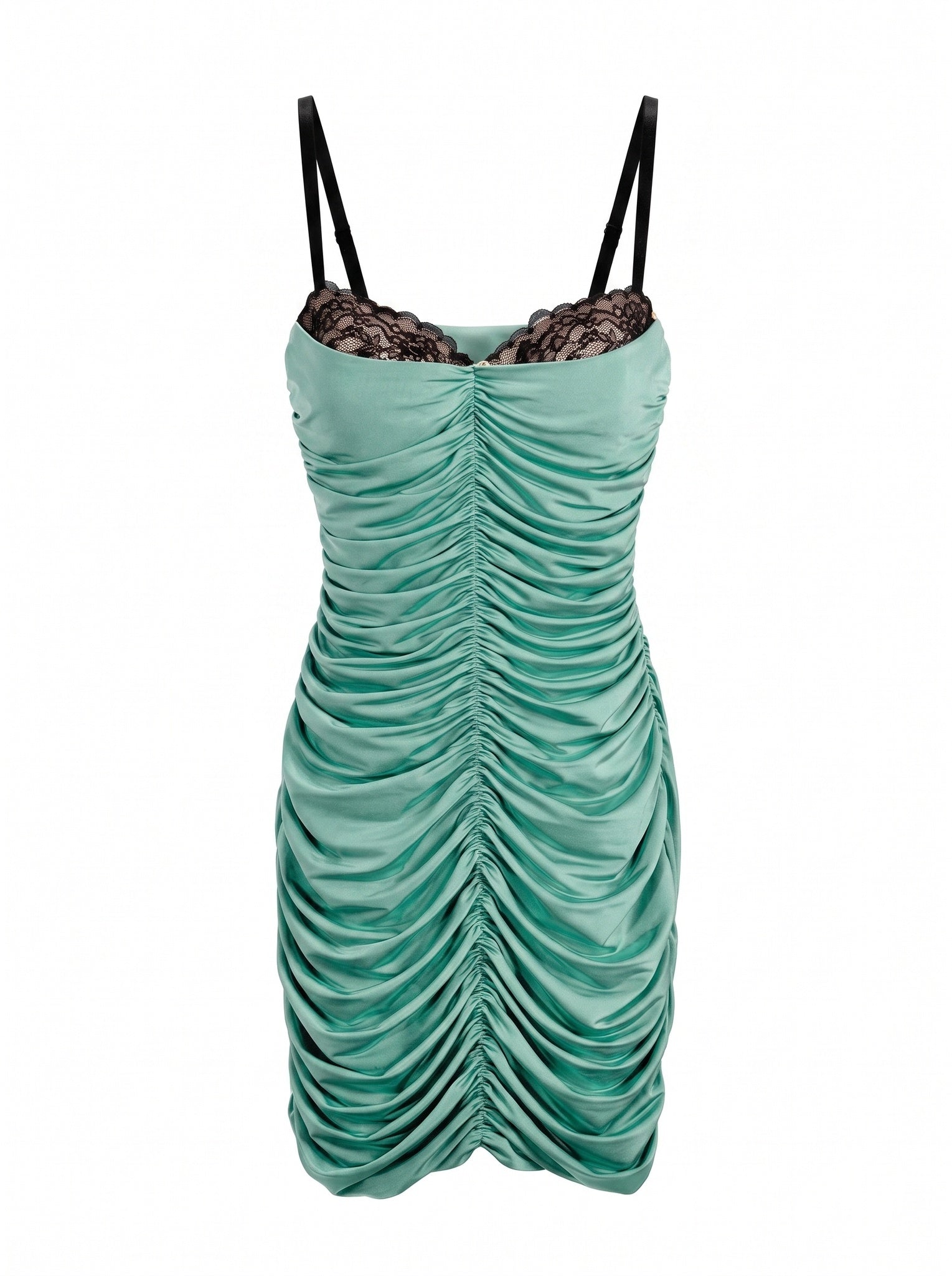 RUCHED SATIN LACE-TRIM MINI DRESS