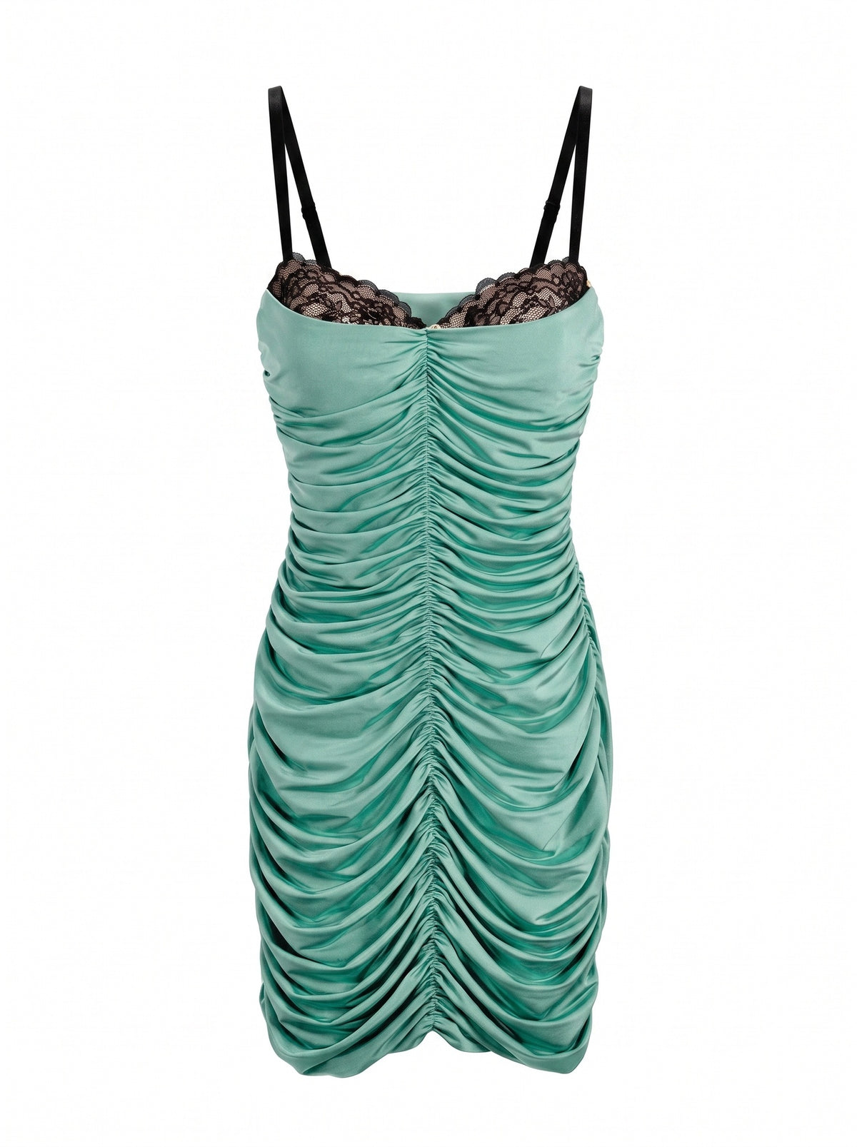 RUCHED SATIN LACE-TRIM MINI DRESS