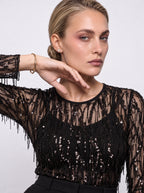 SEQUIN FRINGE HEM SHEER BLOUSE