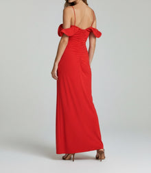 OFF-SHOULDER DRAPED CREPE GOWN