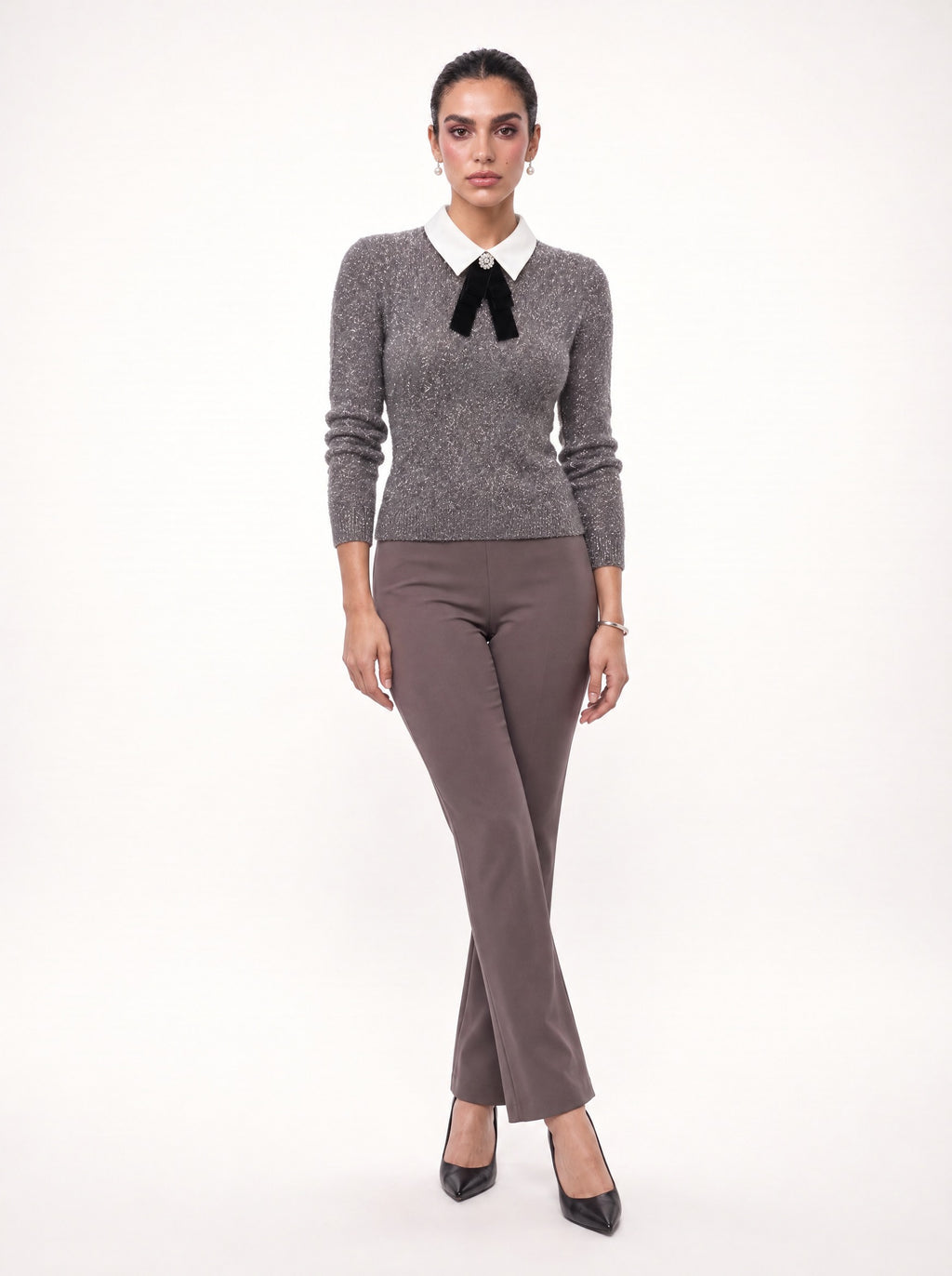 VELVET BOW COLLAR METALLIC KNIT