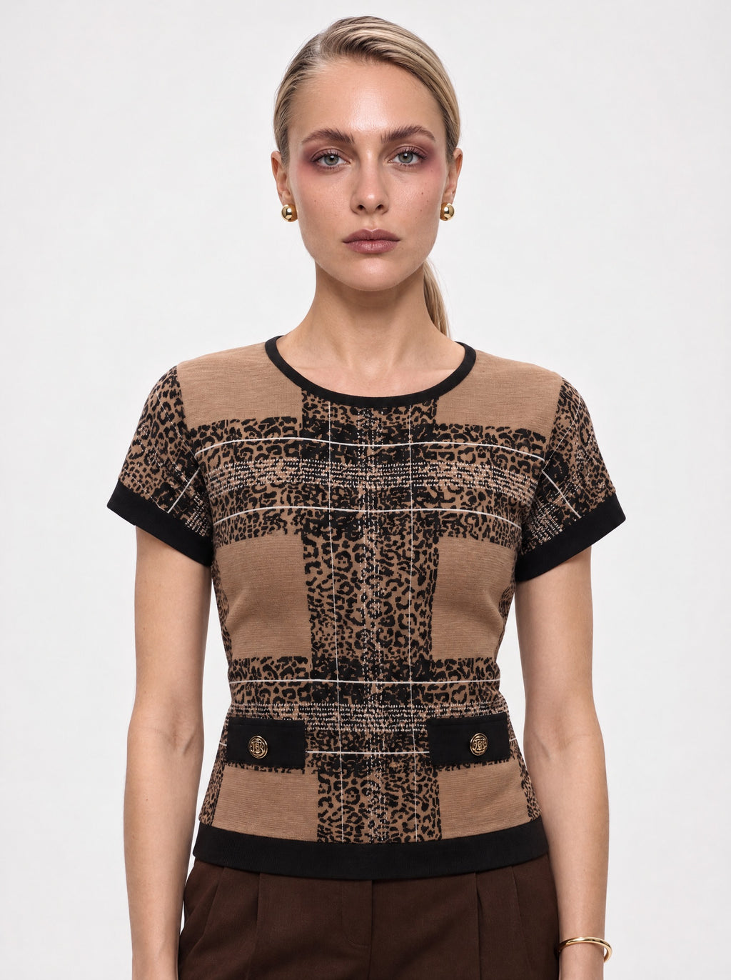 LEOPARD CHECK KNIT TOP WITH FLAP POCKETS