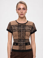 LEOPARD CHECK KNIT TOP WITH FLAP POCKETS