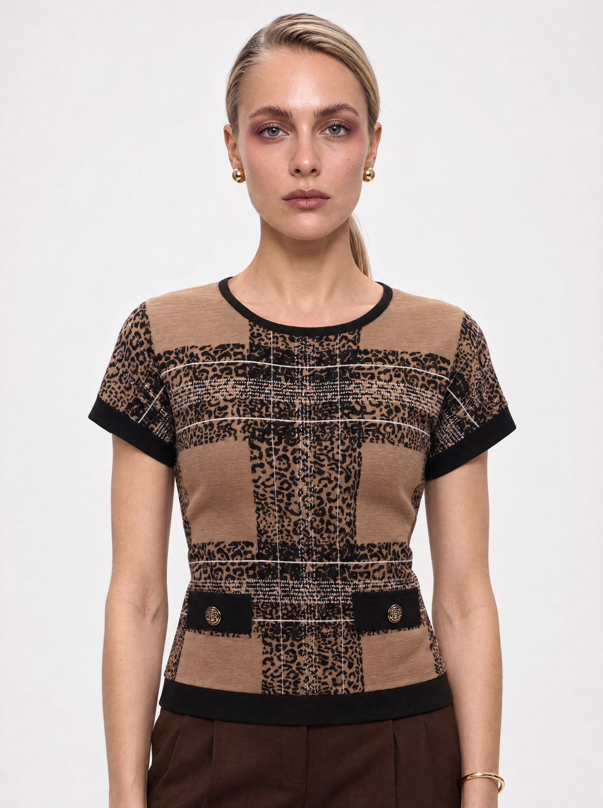 LEOPARD CHECK KNIT TOP WITH FLAP POCKETS