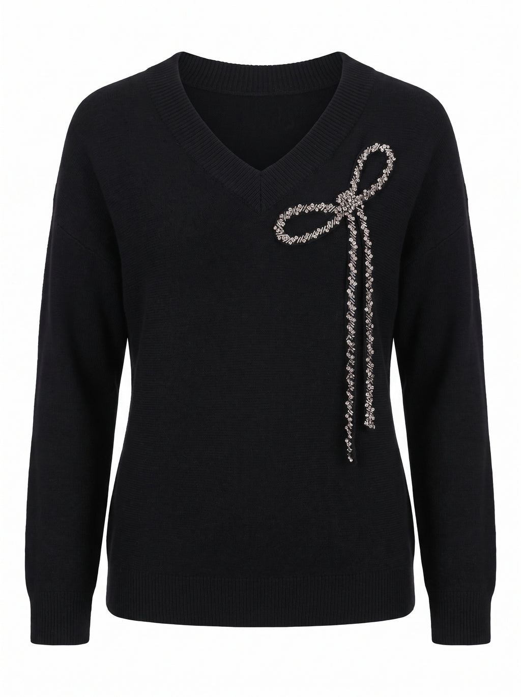BEADED BOW V-NECK KNIT SWEATER