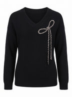 BEADED BOW V-NECK KNIT SWEATER