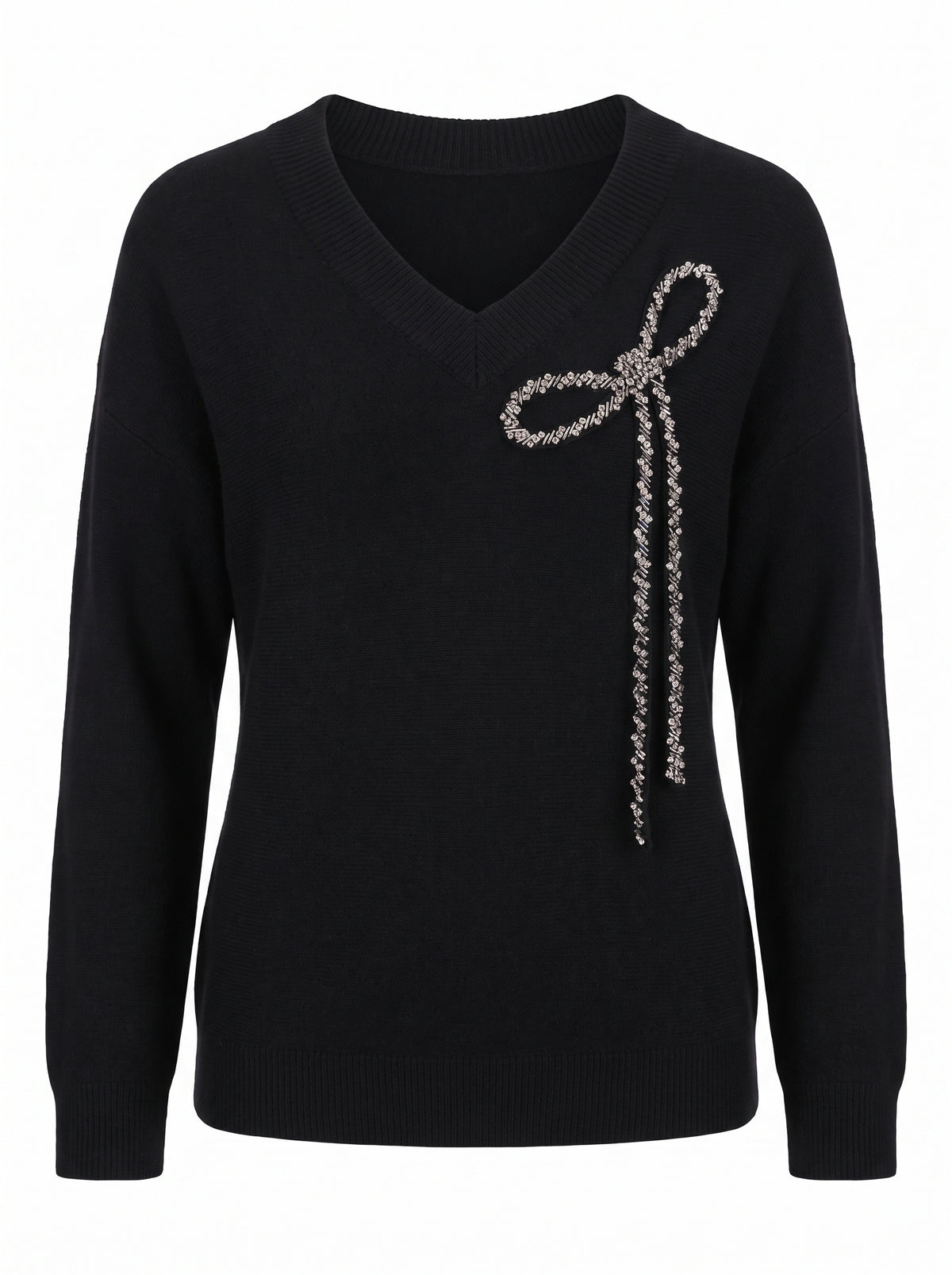 BEADED BOW V-NECK KNIT SWEATER