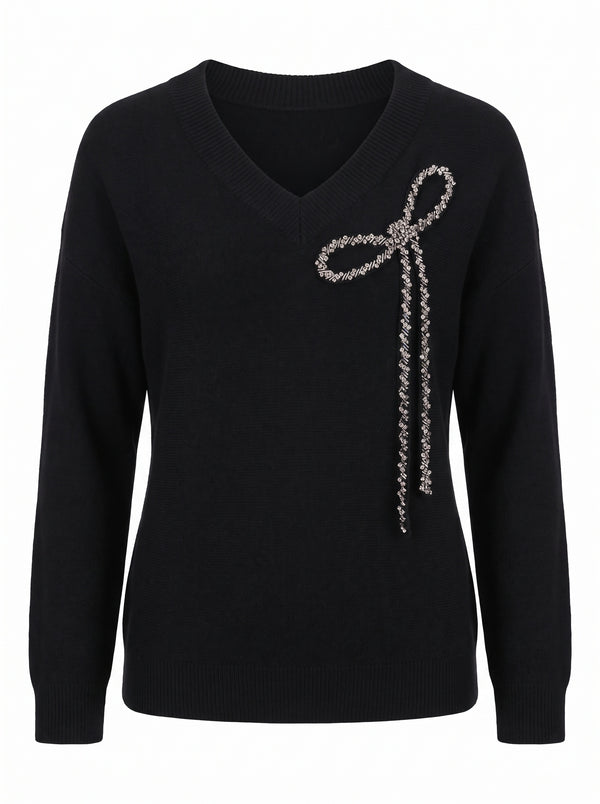 BEADED BOW V-NECK KNIT SWEATER