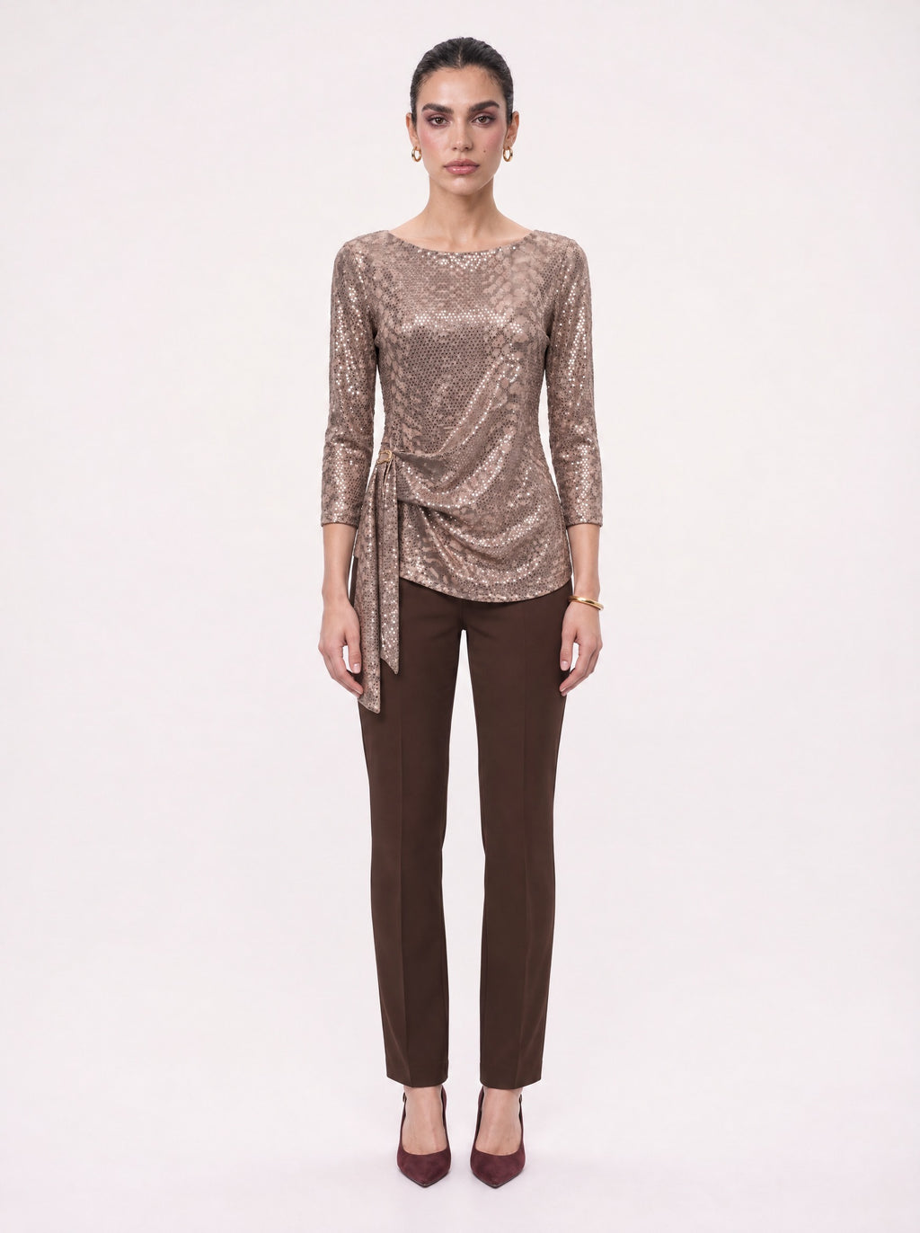 DRAPED SIDE SASH SEQUIN BLOUSE
