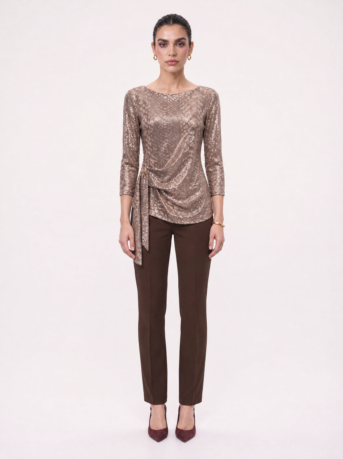 DRAPED SIDE SASH SEQUIN BLOUSE